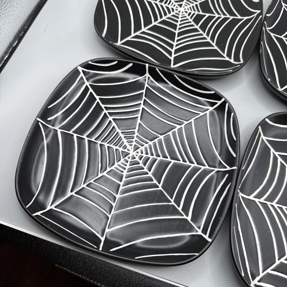 Pottery Barn Halloween Plates Set 4‎ Spiderweb Spider Web Dessert Salad Side
